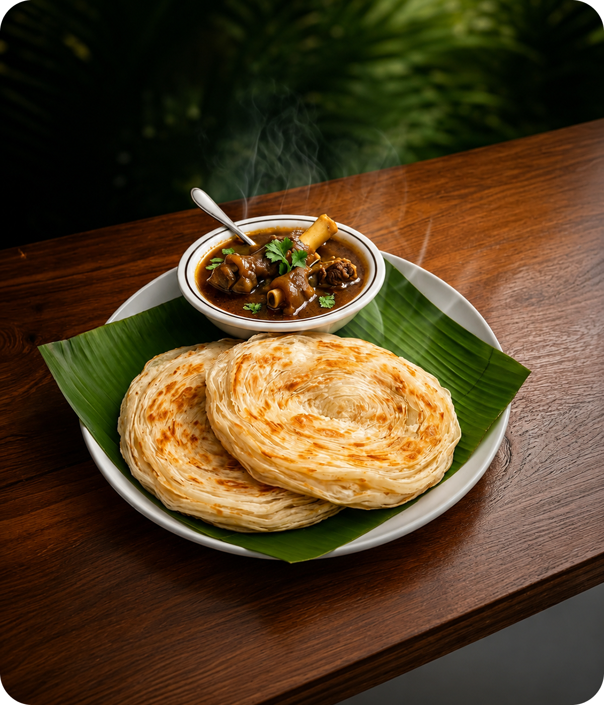 Parotta with a bowl of curry on a banana leaf